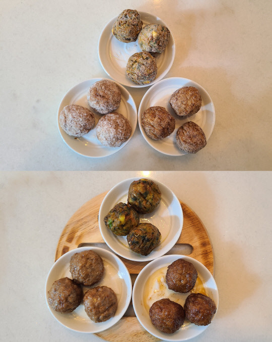 이케아의 베지볼(위), 미트볼(왼쪽), 플랜트볼(오른쪽). <김아름 기자>